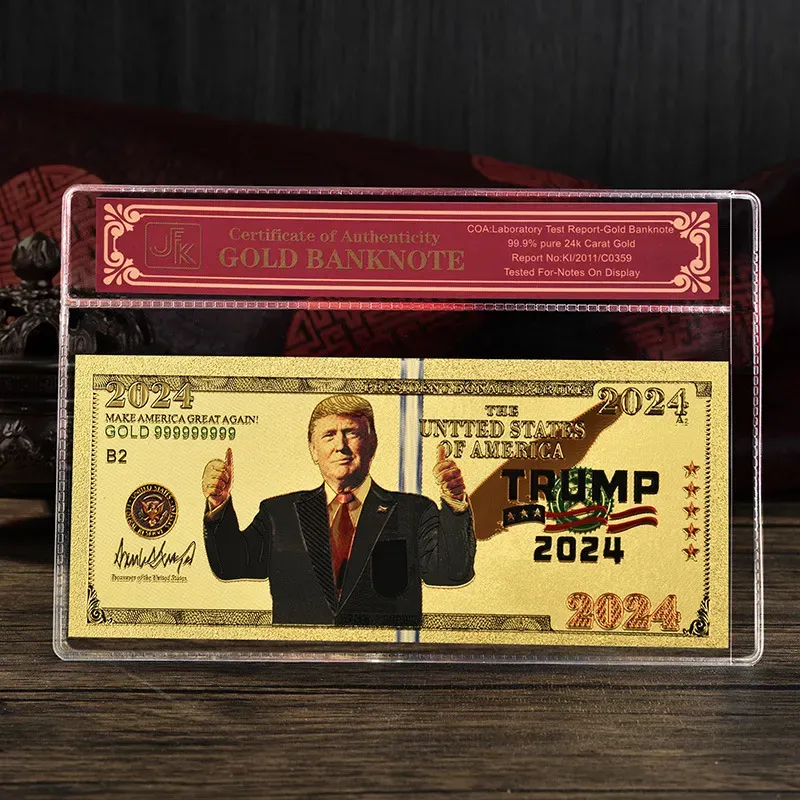 Partijbenodigdheden Trump 2024 Goudfolie Kleur Afdrukken Banknote Partij Gunst Amerikaanse presidentiële campagnecollectie Dollar Herdenkingsvoucher
