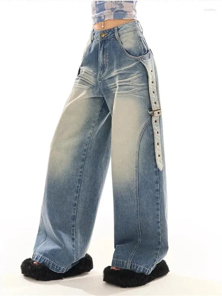 Jeans pour femmes hautes Tie à la taille teintée bleu clair vintage américain Style Street Casual Wide jambe Pantal
