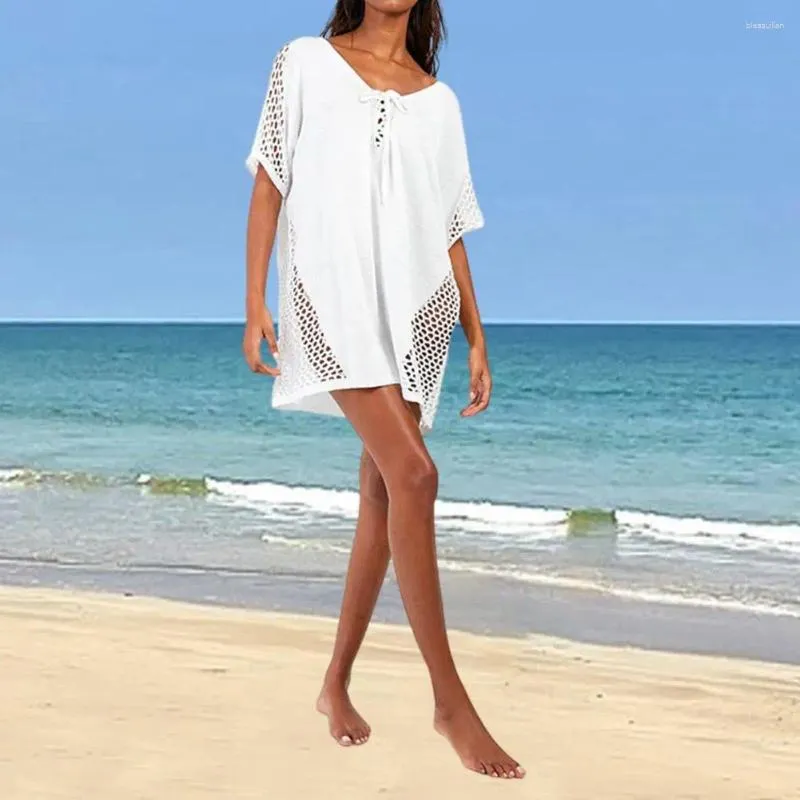 Gebreide bikini cover-up zwemstijl stijlvol veter strandbedekking voor dames v-neck halve mouw zonbescherming