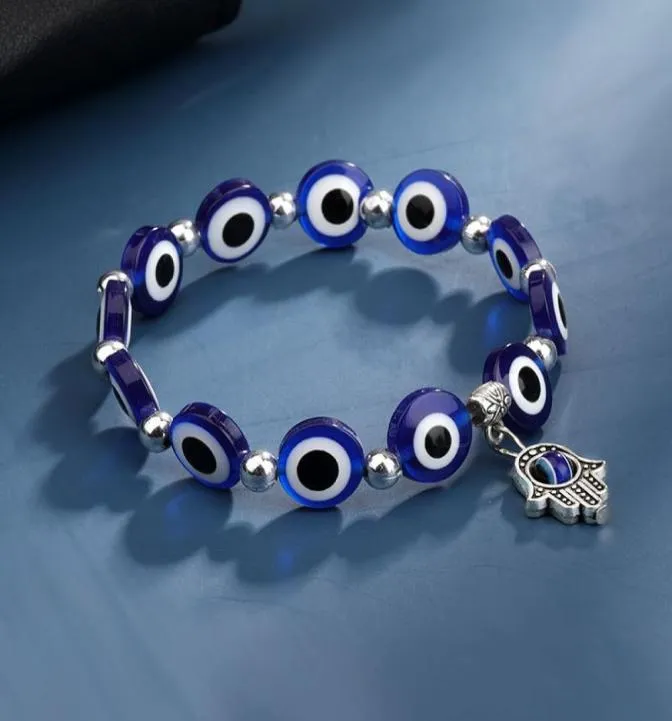 Blue Evil Eye Charm Armband Hamsa Handarmband smycken för kvinnor män svart mode lycklig fatima plam pärlstav strands3002366