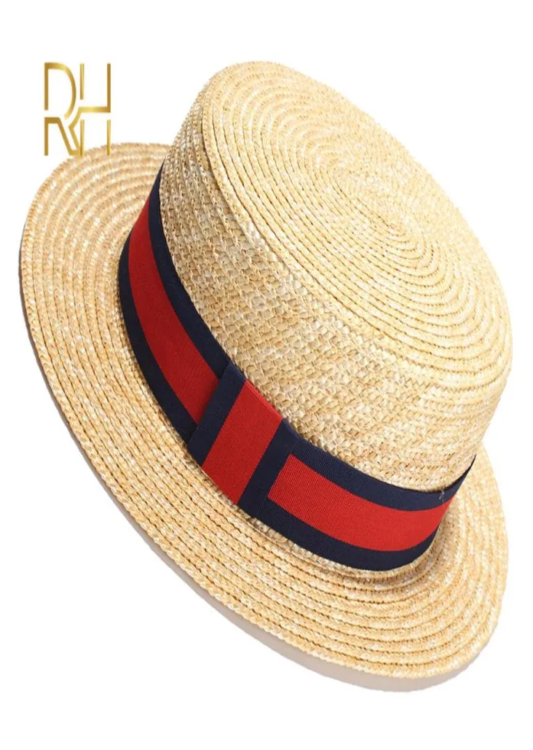 RH Natural Wheat Straw Boater Fedora Top Flat Hat Women Summer Beach Flat Cap met bowknot lint voor vakantiefeest5756783