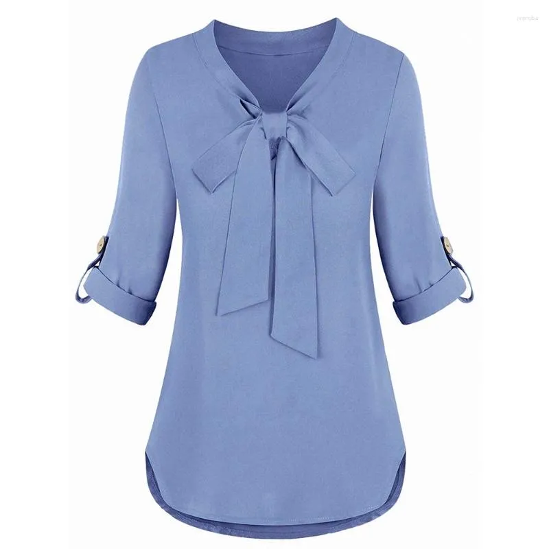 Koszulki damskie jasnoniebieskie bluzki z długim rękawem dla jesiennych kobiet codzienne biuro pracy dama odzieży 2024 T-shirt węzeł