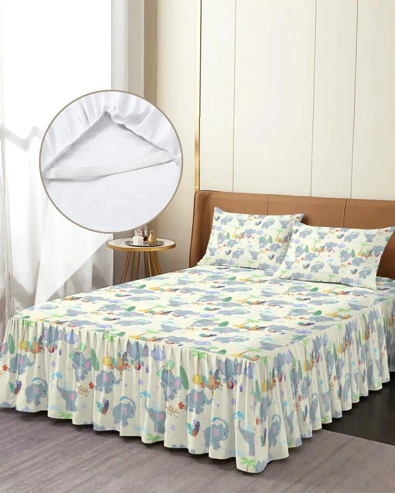 Cartoon Elephant Printed Summer Beach Elastic Bed Skirt Set with Pillowcases