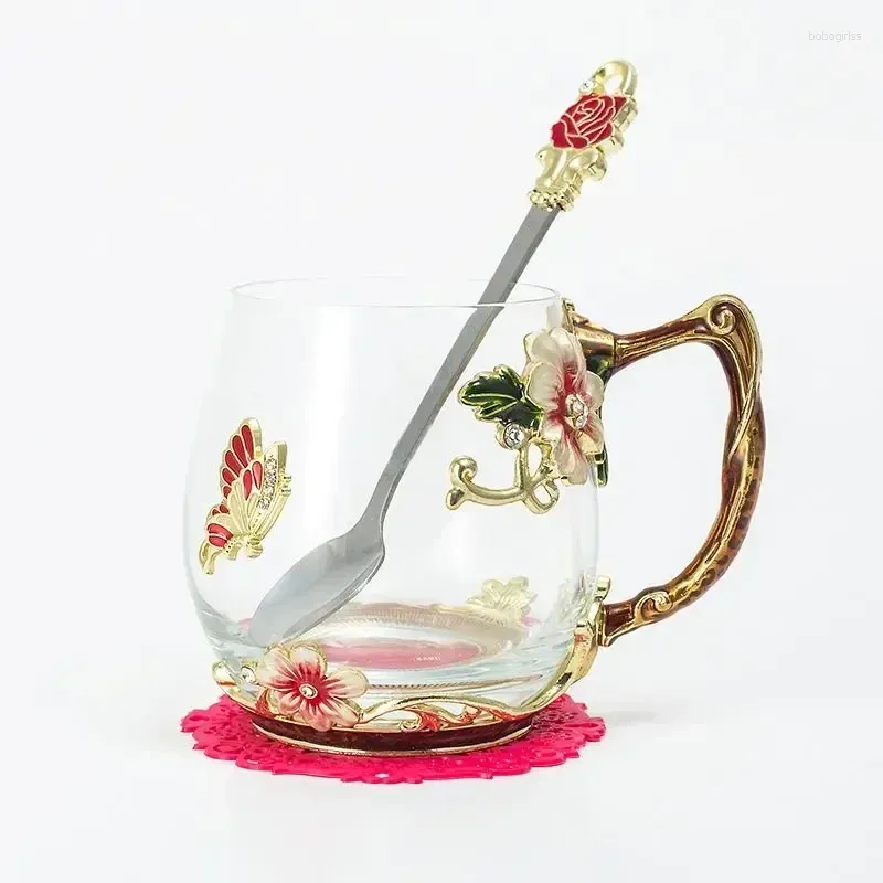 Mugs Enamel Colored Chrysanthemum Glass Cup Milk Tea Coffee Mug Creative High-end Water Drinking Glasses For Drinks Drinkware Bar