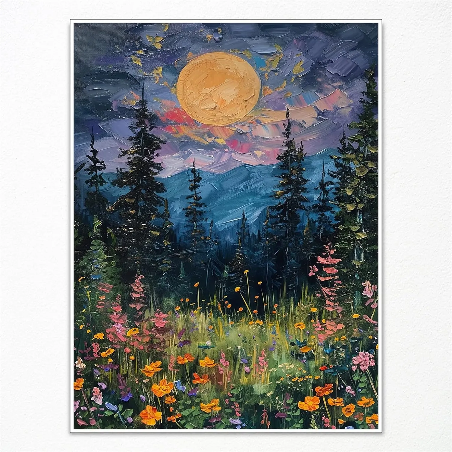 Vintage Full Moon Above The Wildflowers Canvas Wall Art Mystical Midnight Woodland Art Print Poster Retro Flowers and Trees Nature Oil Painting Dark Forest