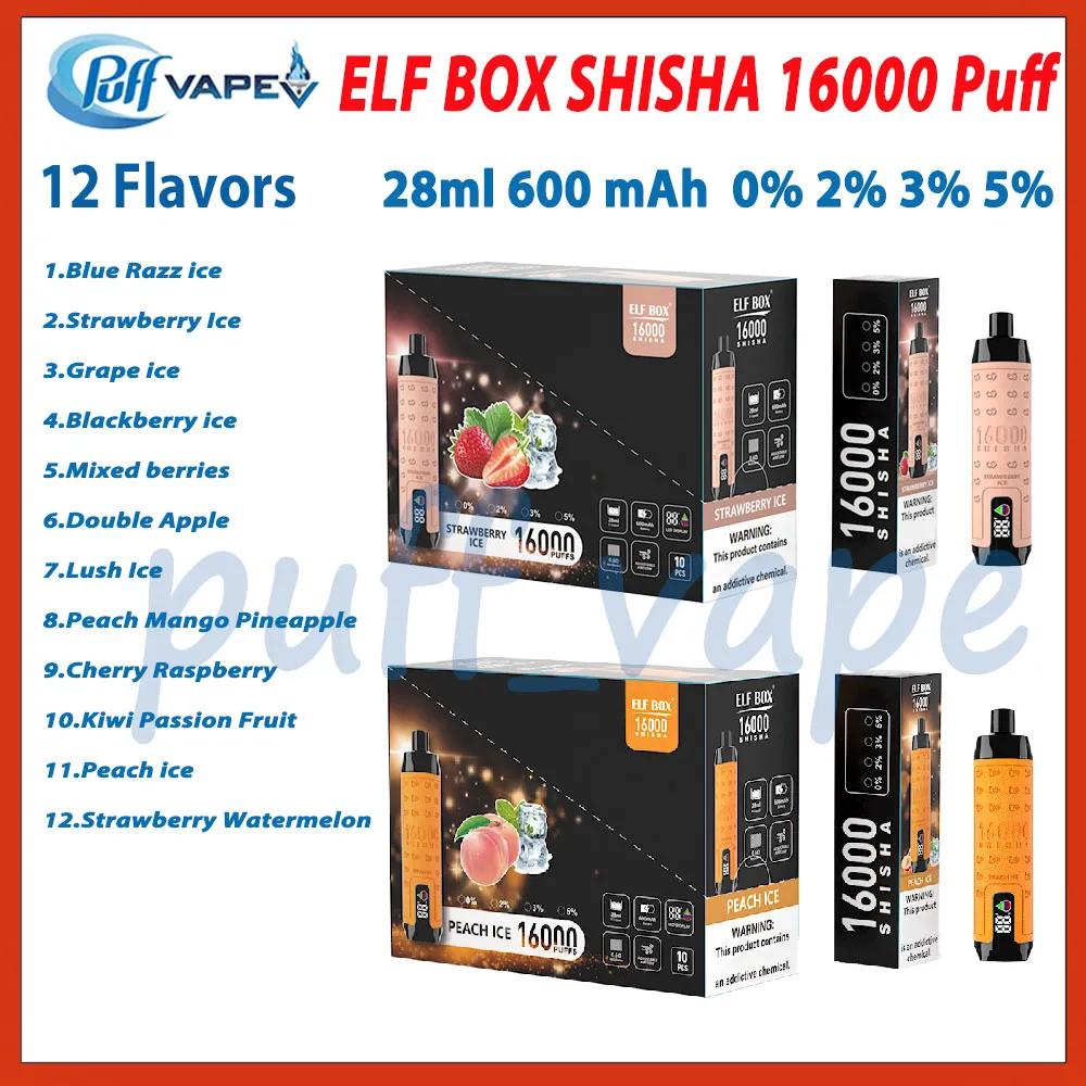 Elf Box Shisha 16000 Puff descartável e cigarros malha bobina 28ml PRESSO ATRIMEIRO PODO 600mAH CIGs eletrônicos de bateria 0% 2% 3% 5% Pushs 16k Vape caneta