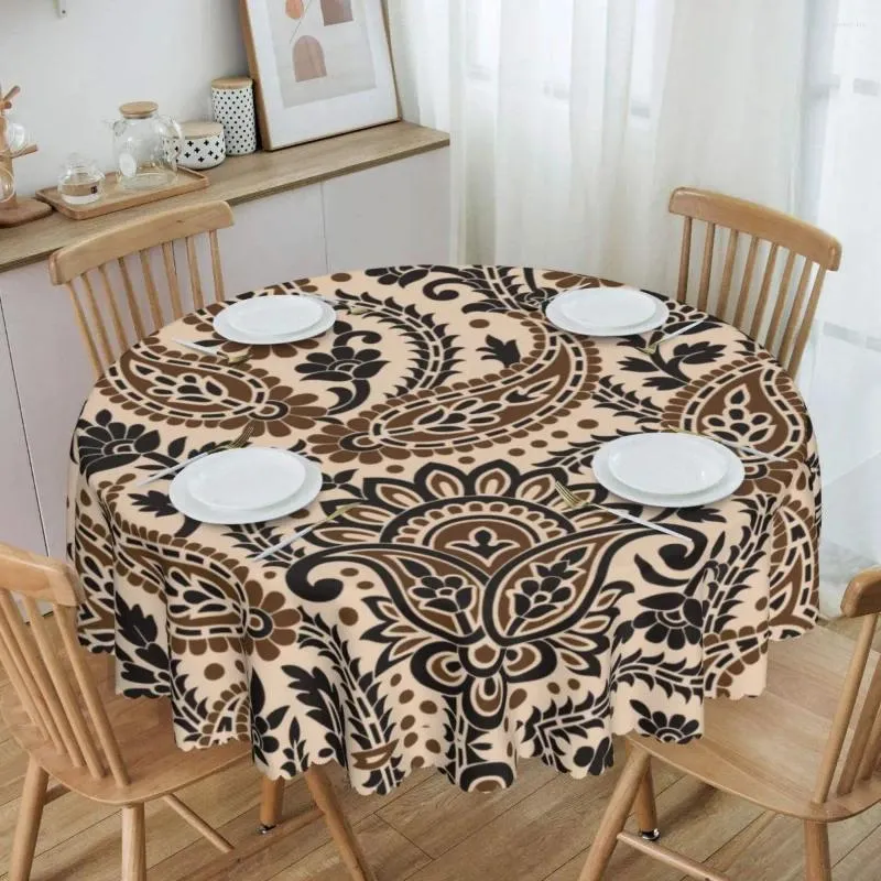 Table Cloth Brown Paisley Floral Texture Tablecloth Round Waterproof Boho Bohemian Flowers Style Cover For Banquet 60 Inch