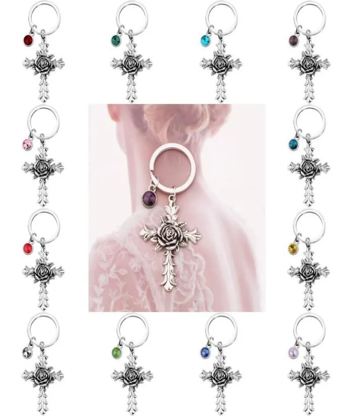 Keychain Creative Rose Cross com 12 pedras de nascimento de joalheria Memorial Gifts Bag Pingente Correntes Key Key Christian Keyrings4802648