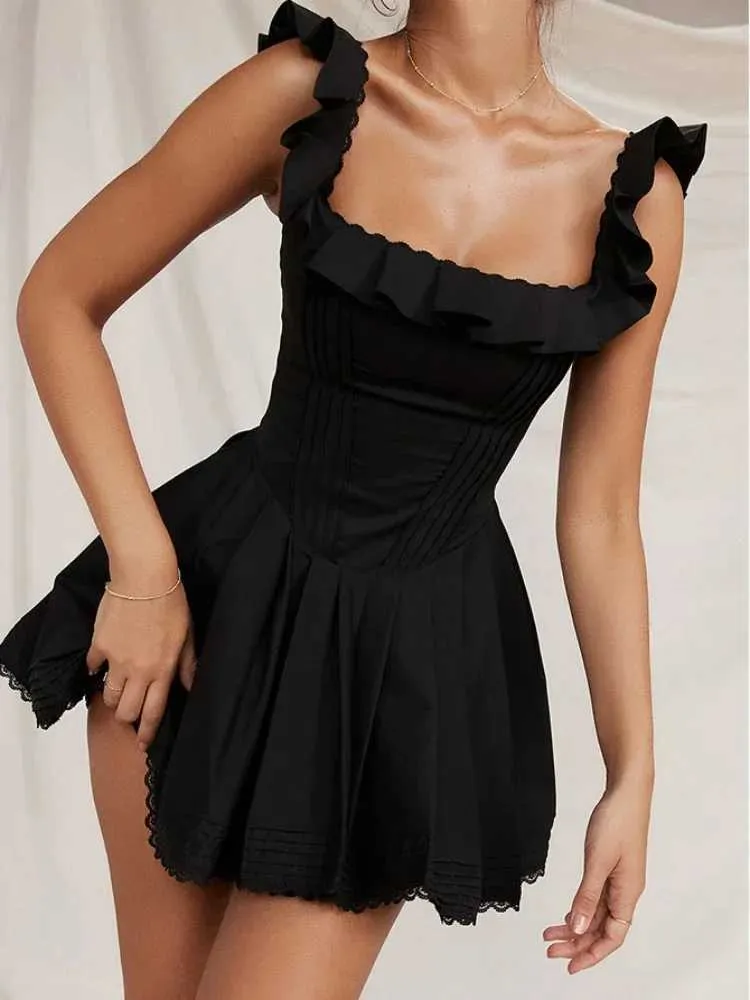 Basic Casual Kleider Mingmingxi schwarzer quadratischer Faltenkleid Mini süße lässige Linie Geburtstagsparty Kleid sexy Frauenkleidung 2405