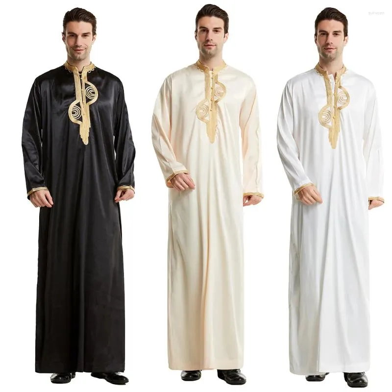 Etniska kläder satin broderi jubba thobe muslimska män mantel islam saudi arabisk klänning eid ramadan thoub thawb abaya klänning kaftan abayas