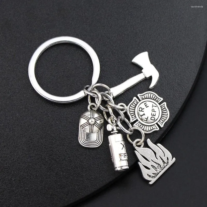 Keychains Keychain Fireman Diy Flames Fire blusser bijl hangers mannen sieraden auto sleutelhanger souvenir voor cadeau