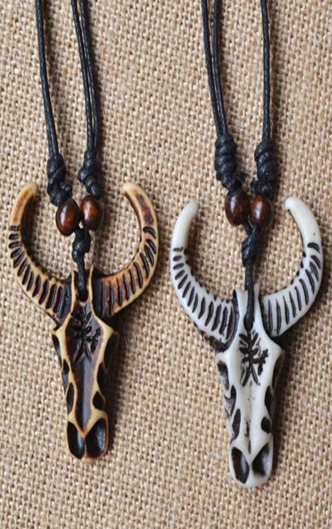 Pendanthalsband Yak Bone Charm Cow Bull Ox Head Skull Leather Rope Halsbandsmycken Tillbehör Justerbar3446585