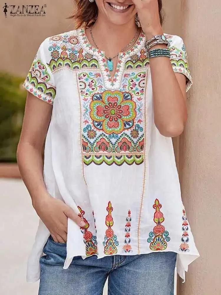 Women's Blouses Shirts Bohemian Floral Printed Blouse ZANZEA Summer Women Short Slve Holiday Beach Blouse Vintage Party Tunic Top Casual Blusas Mujer T240510