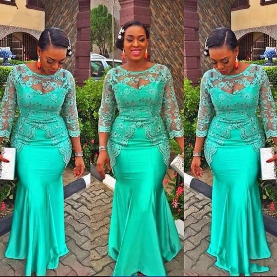 Turquoise African Mermaid Evening Jurk 2019 Vintage Lace Nigeria Lange mouwen Prom jurken Aso Ebi -stijl Avondfeestjurken 291C