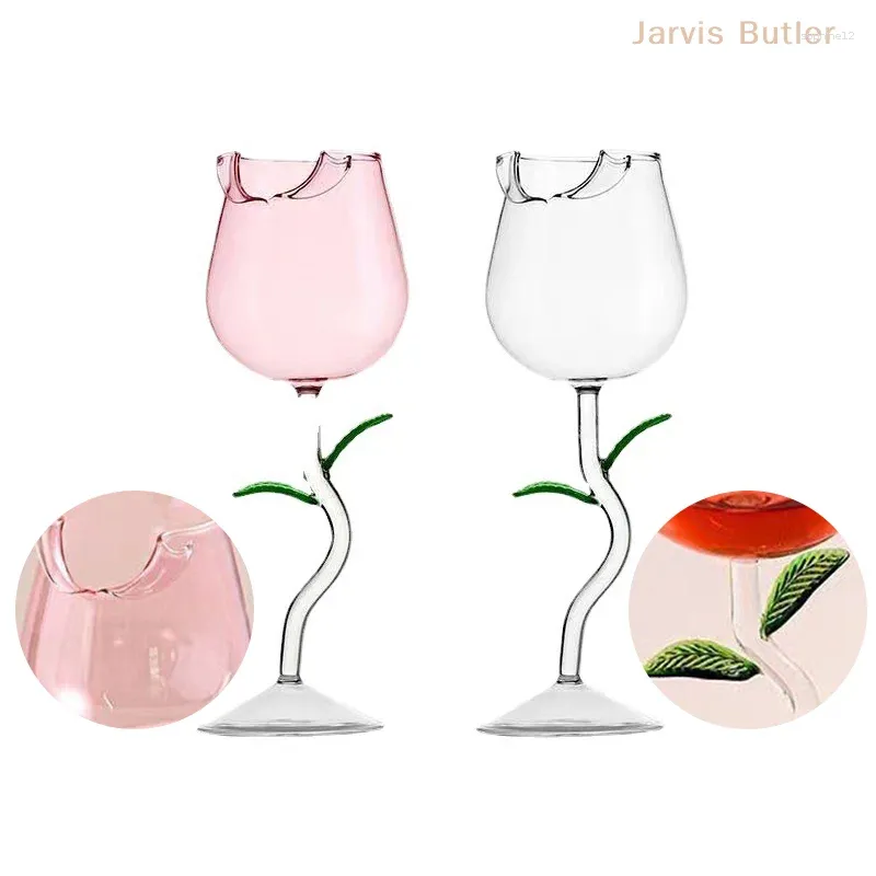 Verres à vin pour la Saint-Valentin de la Saint-Valentin en forme de rose en verre rouge bouteille de tasse de boisson avec feuilles colorées créatives 150/400 ml de cocktail gobelet