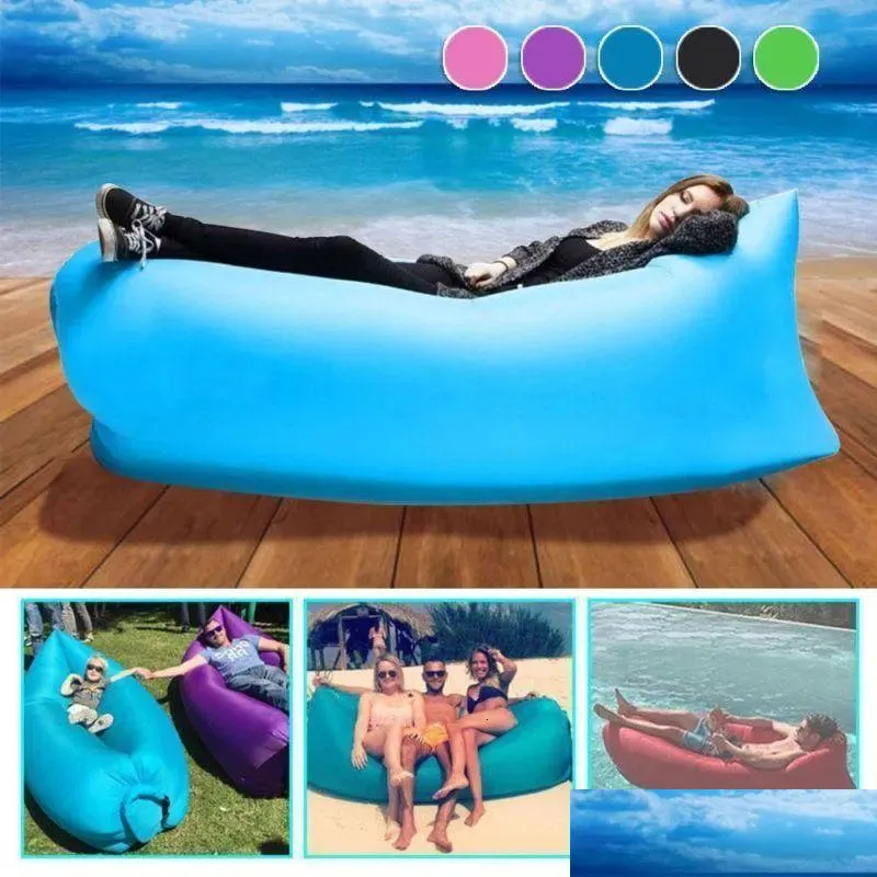 Patio -banken Buitenblokken opblaasbare bankkussen Cam Air Tent Bed Slee Bag Lazy Beach Matras Vouw Lounger stoel Tuin Furnitur DHBQ7