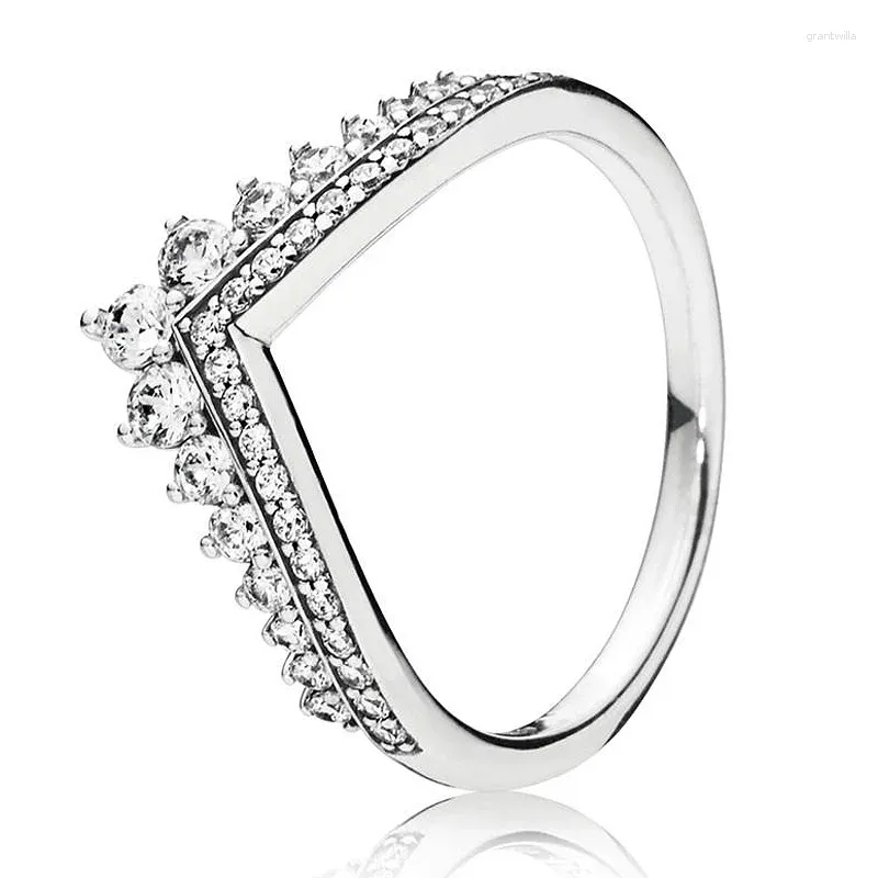 Avec des pierres latérales authentiques 925 Sterling Silver Pan Ring Princess Wishbone Crystal Rings For Women Wedding Party Gift Bijoux