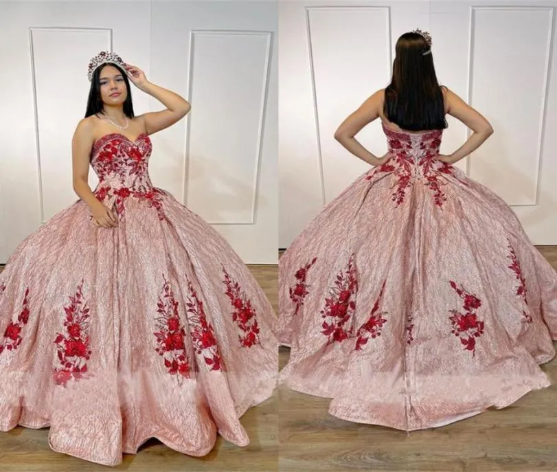 Блески блестки из тюля розовая розовая промормовая платья Quinceanera Красное цветочное аппликация бисеро -бретелек.