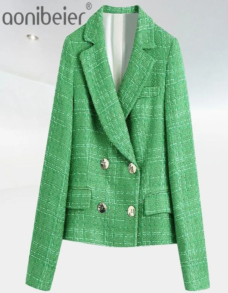 Aonibeier Fashion Simple Green Plaid Tweed Notched DoubleBreasted Fitted Blazers Femed England Style Pockets Short Coats5216208