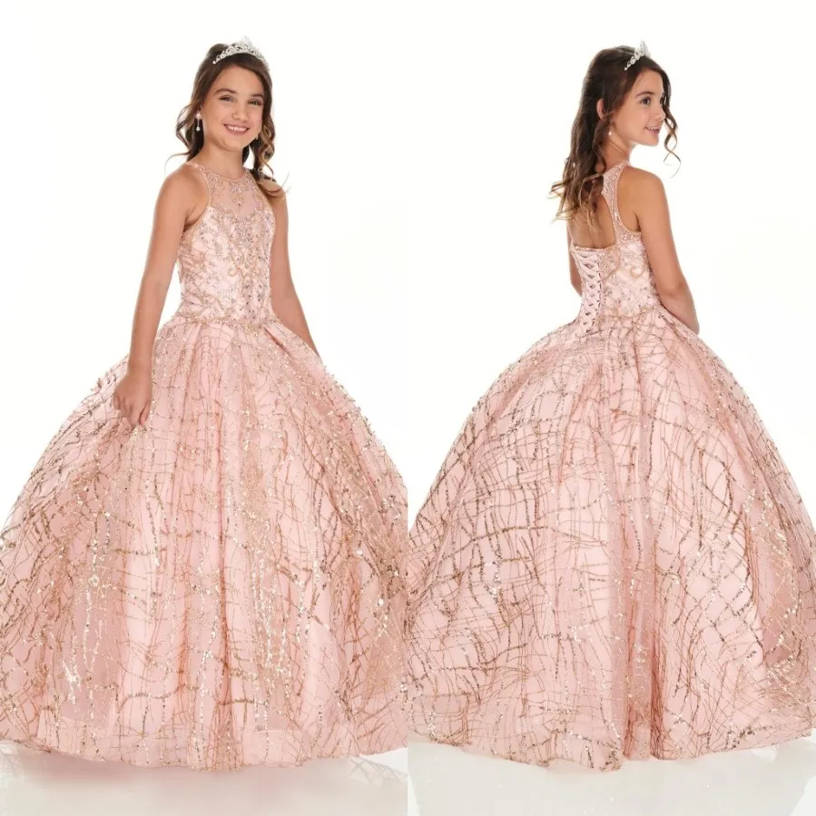 2022 Bling Rose Gold Mini Quinceanera Festzugskleider für kleine Mädchen Glitzer Tüll Juwel Strass Statten Party Kleid Kleinkind Flow 268t