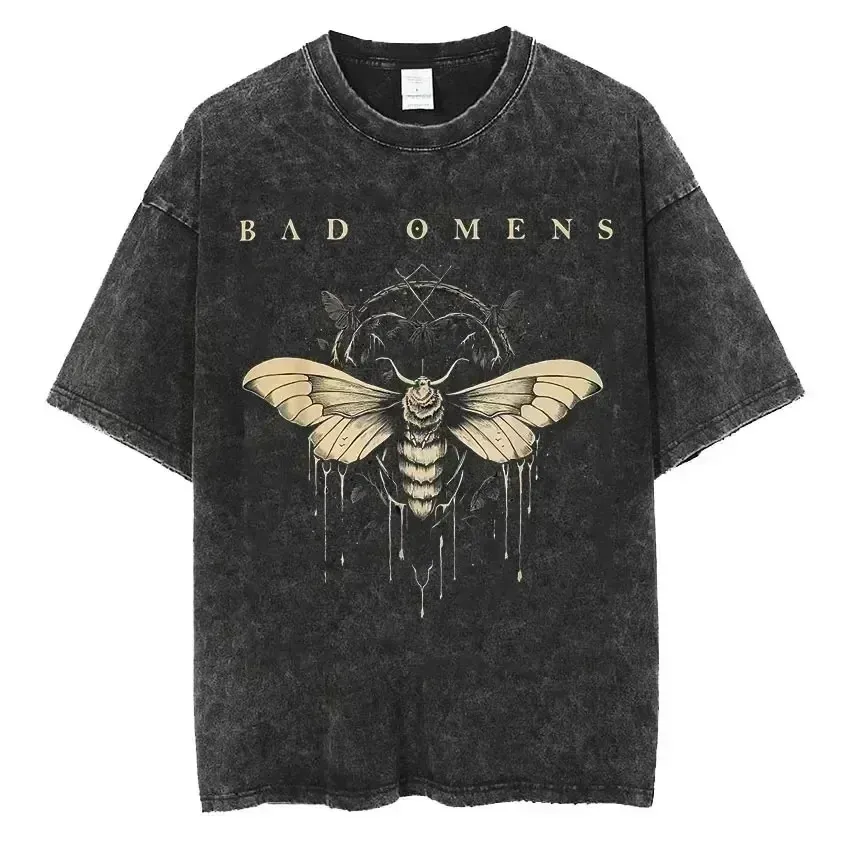Bad Omens Band Music Tour 2024 Washed T Shirt Retro 90-talet män Kvinnor Kläder Y2K Hip Hop T-shirt Casual Overdized Tees Streetwear 240510