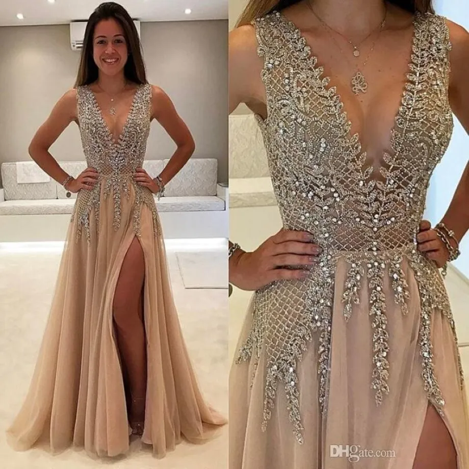 Luxe Rhinestone prom-jurken 2018 Nieuwe sexy diepe V-hals siten Split Evening Party Wear Jurk Champagne Organza A Line Vestidos de Fiesta 294T