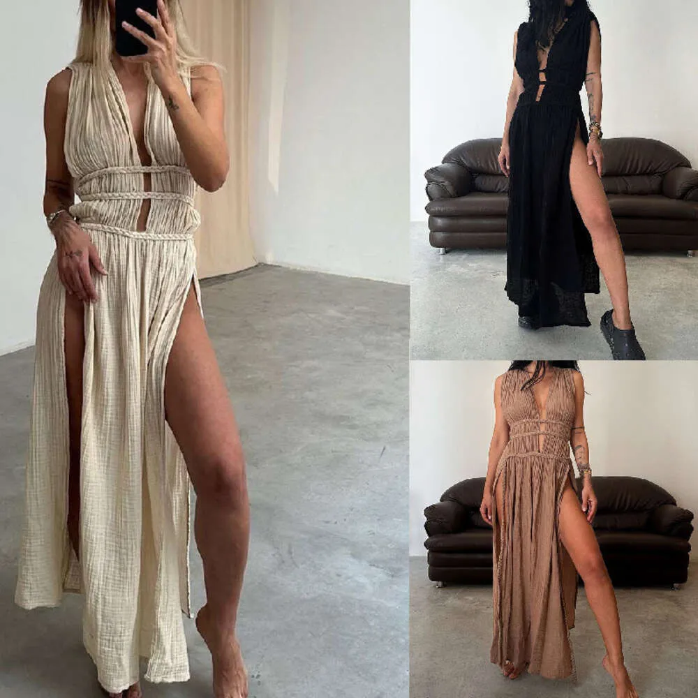 Nouveau design Bohemian Linen mélange sans manches tressé tressé coupé ceinturé Slit Maxi Long Robe Slit Out Clothes Jirt FZ2405111