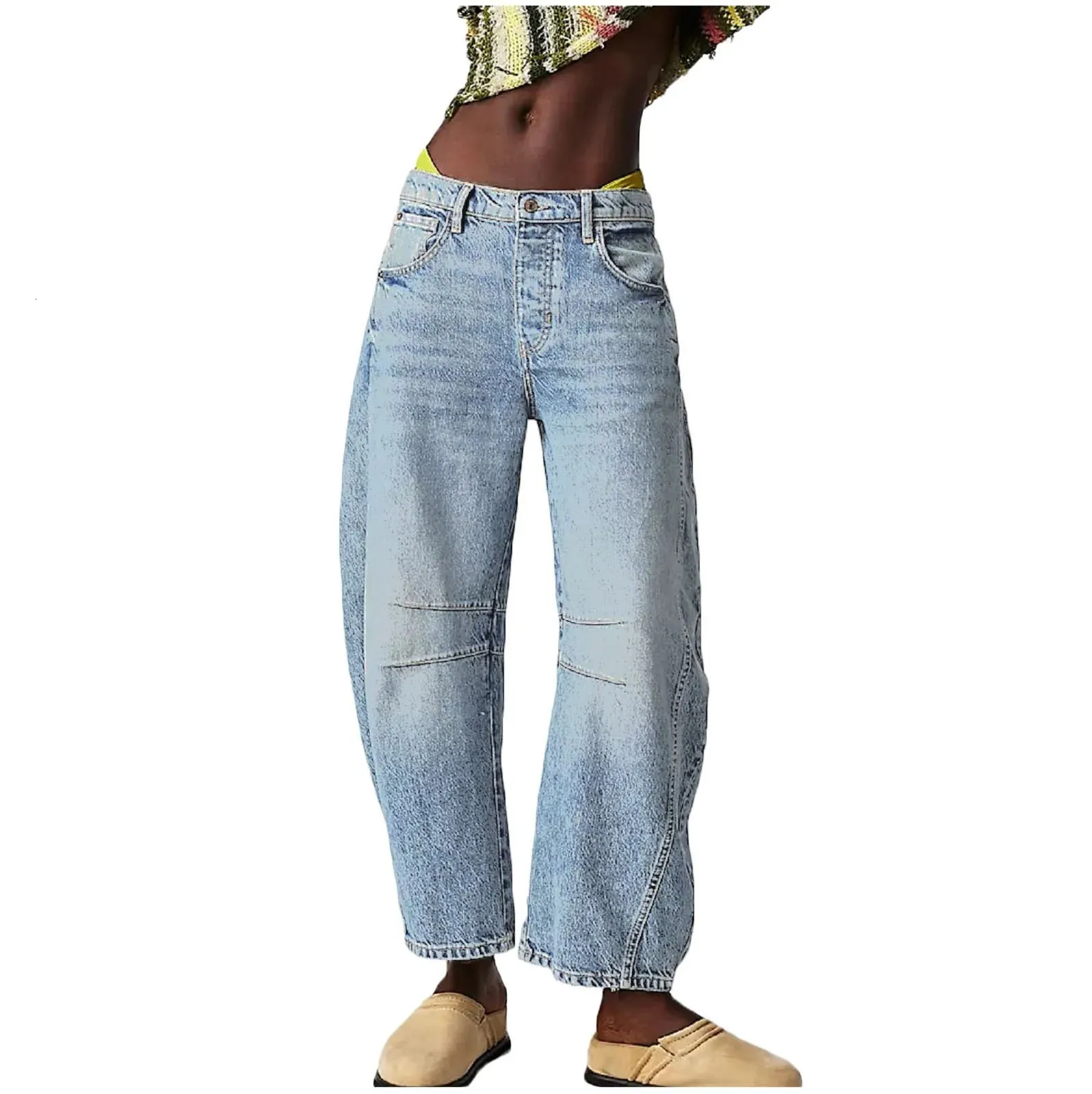 Femmes Vintage Mid Taist Jeans Ligne large Boyfriend Loose Denim Pantalon Cropped Pant Ligne mi-monte Y2K Barrel Jeans 240511