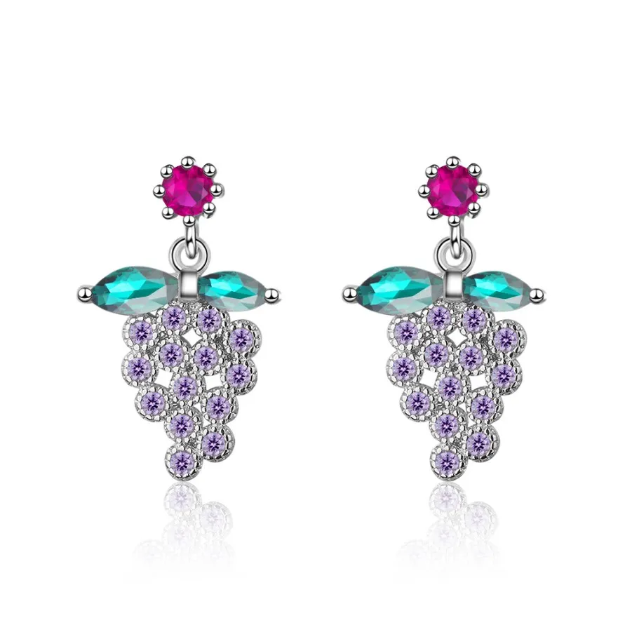 Girl cute Purple Grape zircon diamond Earrings Stud Students Sweet white gold plated Earrings Birthday Party Jewelry Valentine's D 298N