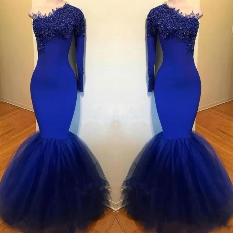 Robes de bal bleu royal sud-africain Vintage à manches longues une épaule sirène sirène occasion robes de soirée conçus usure formelle 219J