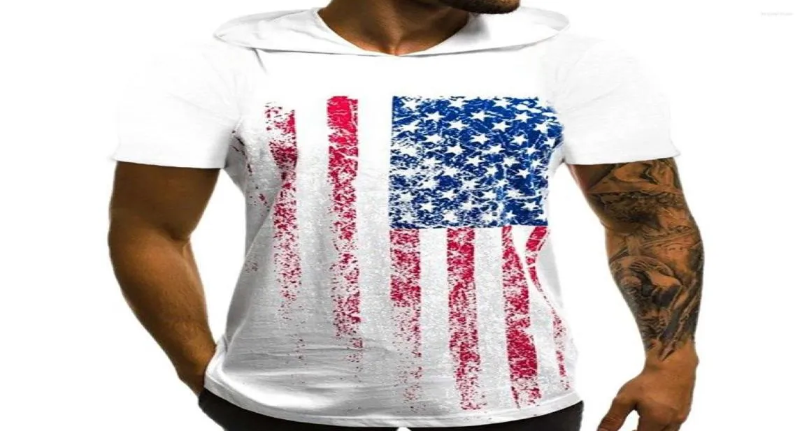 Men039s T-shirts Arrivée Tops WomenSmen039 Imprimé drapeau américain Tshirt à capuche Tshirt décontracté avec Cap Man à manches courtes PU3970788