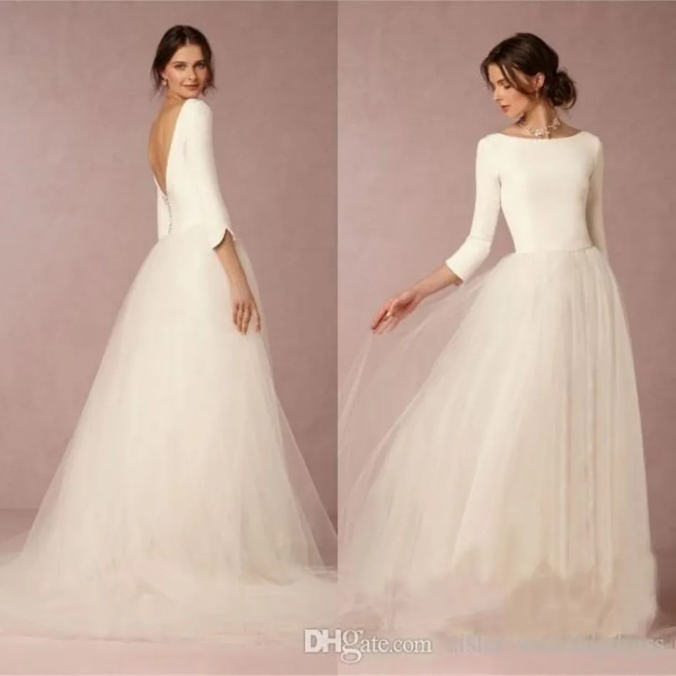 Günstige atemberaubende Winter -Brautkleider Eine Linie Satin Top Backless 2019 Brautkleider mit Ärmel einfacher Design weicher Tüllrock Sweep Tra 341v