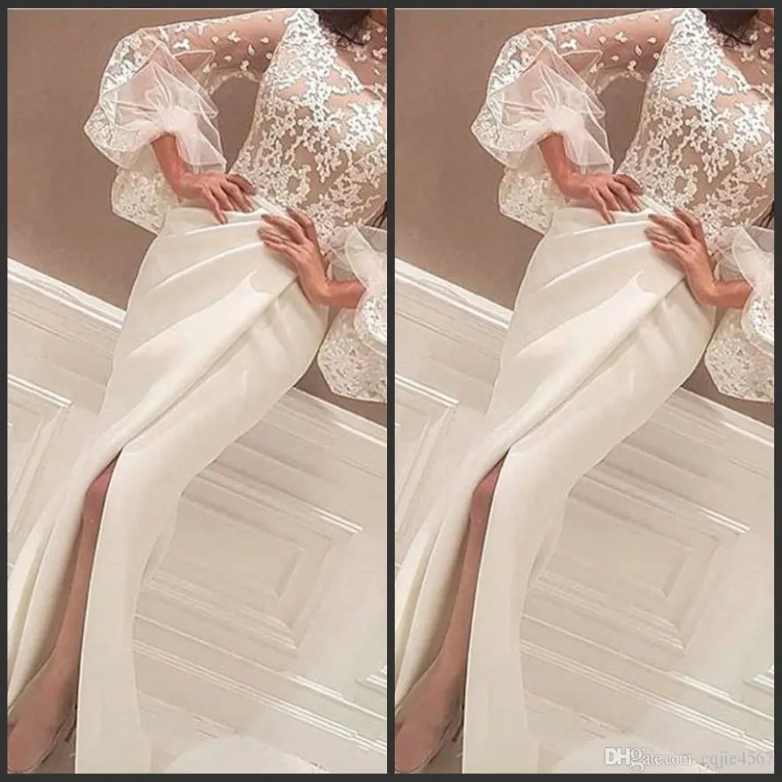 2019 nieuwste avondjurken jurken vloer lengte hoge nek kanten appliques lange grote mouw zeemeermin side spleet prom jurken wit Arabisch 595 240L