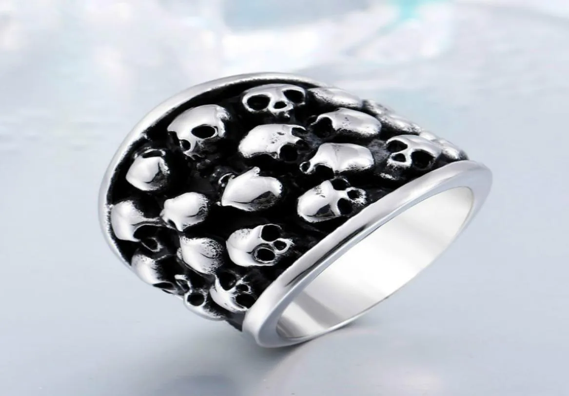 Rockbrötchen Punk einzigartige schwere gotische schwarze silberne Farbe Horror Schädel Edelstahl Herren Ring US Size4538195