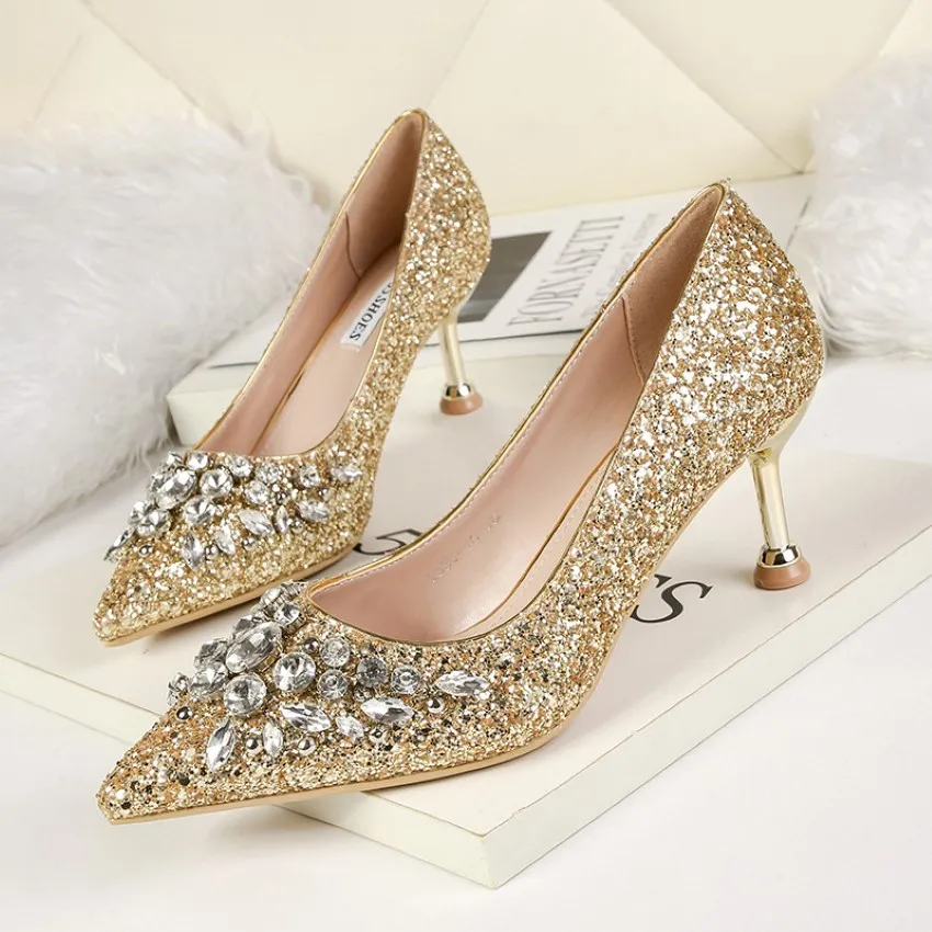 Sequin Bridal Wedding Shoes 2021 Celebrity Gala Oscar Wear Wear Shoes High High 6 5cm Gold Red Silver Prom Hoco Cocktail Bride 1921