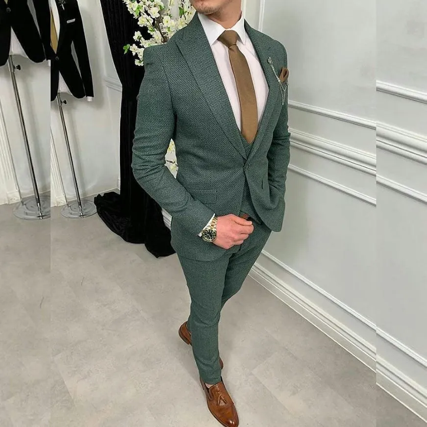 Dark Green Groom Wedding Wedding Tuxedos One Button Peaked Lapel Męskie garnitury Najlepszy mężczyzna Formalny kurtka ślubna Kamizelki Pantie 278h