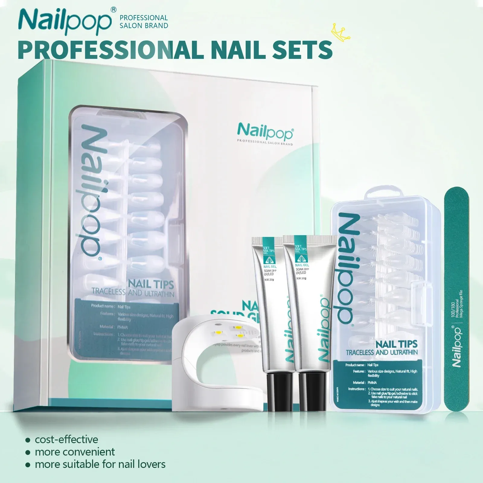 Nailpop Nail Tips and Glue Gel Nail Kit Fast Nail Extension Set with Soft Gel UV Lamp 600Pcs Semi Matte Nails and Files Tools 240510