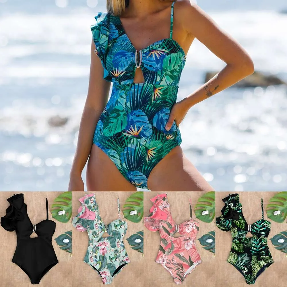 Femmes New S One Piece Shoulder Lotus Edge Explosif Print Swimsuit Xingcheng Houlder Wimsuit