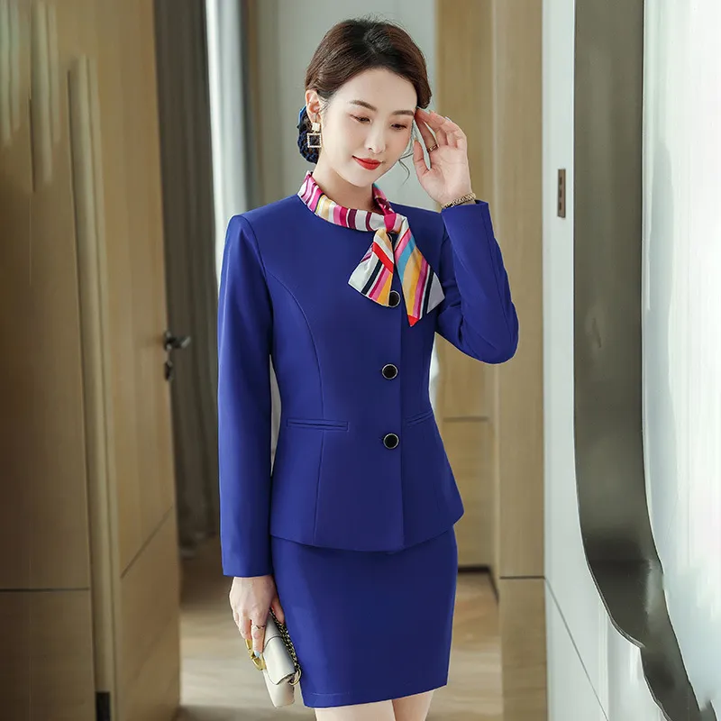 Two Piece Dress Airline Hotel Front Desk Cashier Suit Female Flight Attendant Uniform Aviation Corporation Stewardess Catering Work Clothes