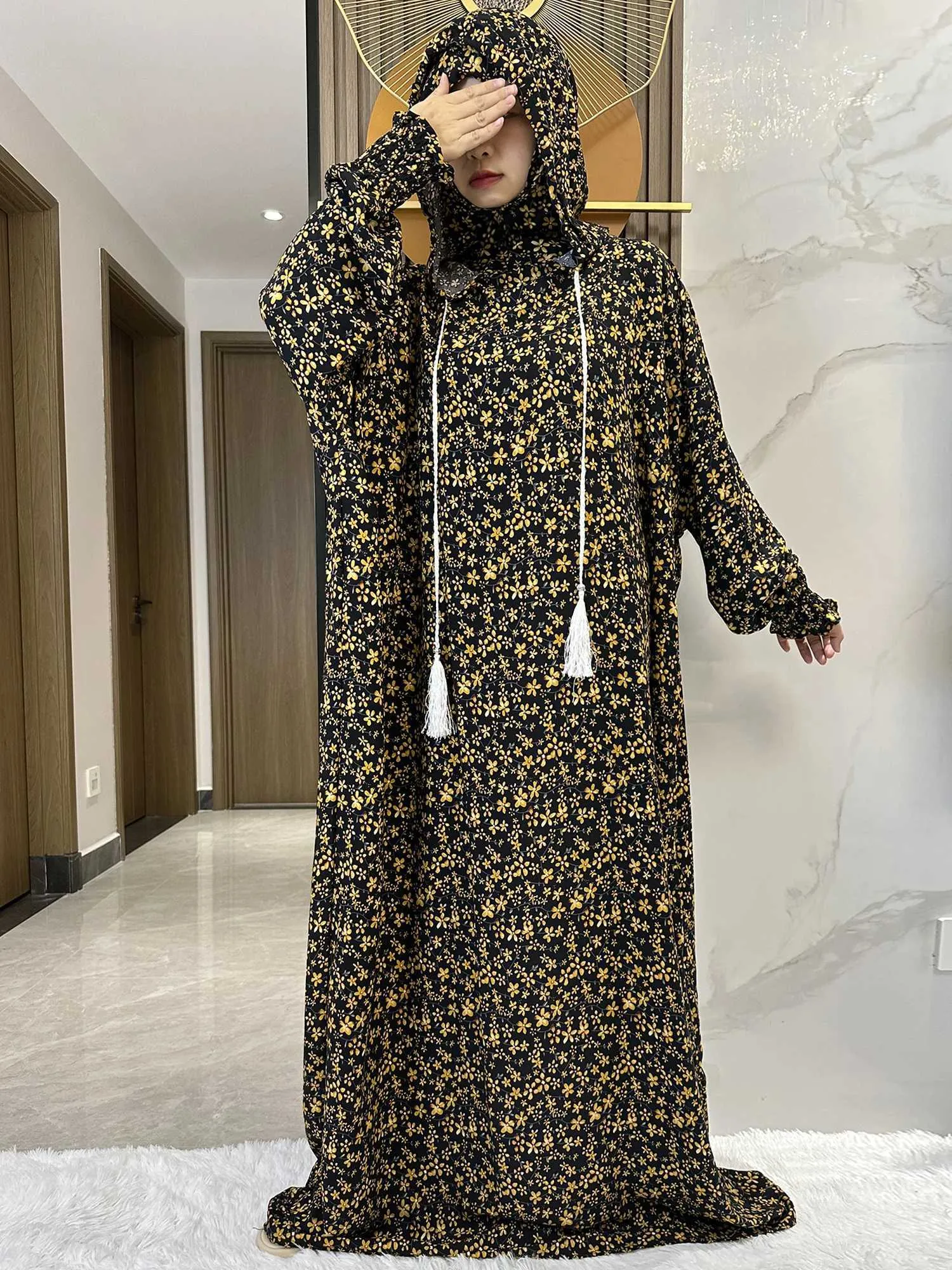 Ethnic Clothing 2024 New Ramadan Muslim Two Hats Abaya Dubai Turkey Islam Prayer Clothes Floral Cotton Fabric Dresses Islam Women Dress Kaftan T240510