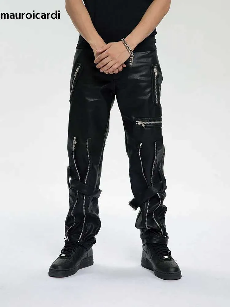 Pantalon masculin Mauroïcardi printemps et automne pantalon de cuir Pu noir cool pour hommes avec plusieurs fermetures à glissière et pantalons de vêtements de créateur de luxe mode 2023L2405