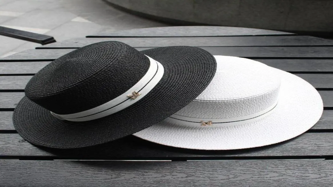 Breite Krempelnhüte 2021 m Buchstabe Flach Top Strohhut Ribbon Boilie Strand Frauen039s Sommer Fedora Panama Reise Sun Cap9855093