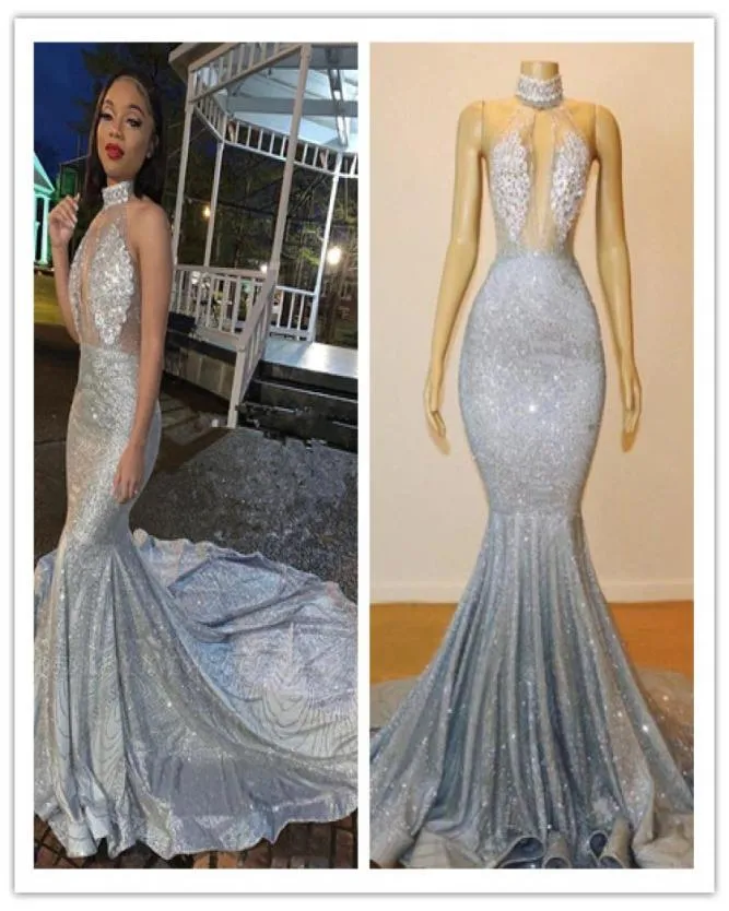 2020 Sparkly Sexy Mermaid Prom Dresses Silver High Neck Long Lace Pailletten Backless avondjurken Formele feestjurk BC06798968888