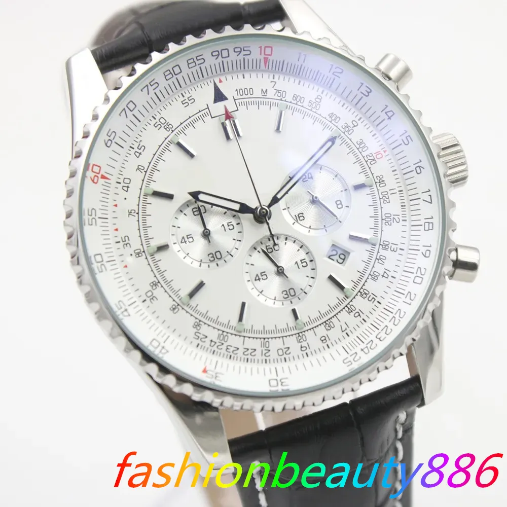 Relojes de nueva calidad de 46 mm B06 B01 Navitimer Cronógrafo Movimiento de batería Quartz Silver Dial Mod Watch Strap de cuero Floding Mens Wristwatchs