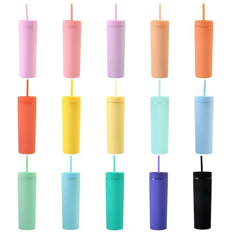 17 couleurs!Tobeurs acryliques acryliques skinny acryliques de couleur mate avec couvercles et pailles à double paroi doubles gobelets en plastique avec une paille libre réutilisable
