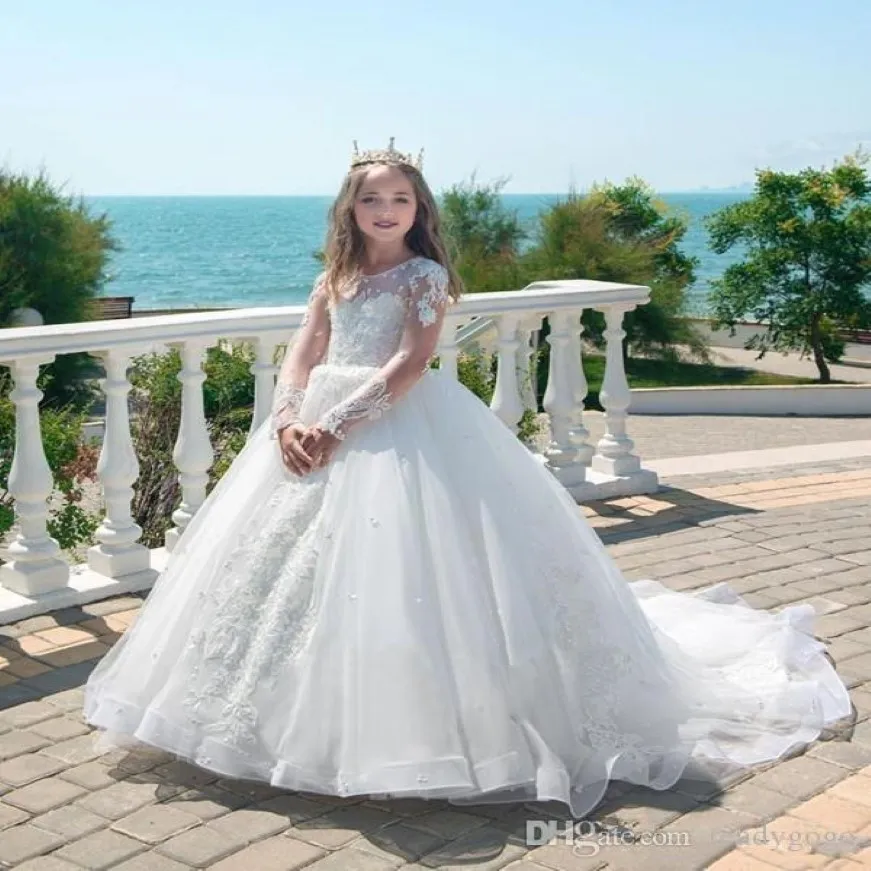 Vackra vita bollklänningar prinsessa barn bröllopsklänningar spetsapplikationer pärla långa ärmar flickor tävling klänning tyll blommor klänning 256i