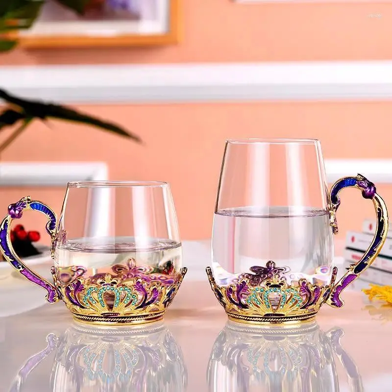 Muggar Noble Crown Emalj Mug Crystal Glass Cup Kaffer Frukost koppar Glasögon Drinkware för Tea Par Presentuppsättning