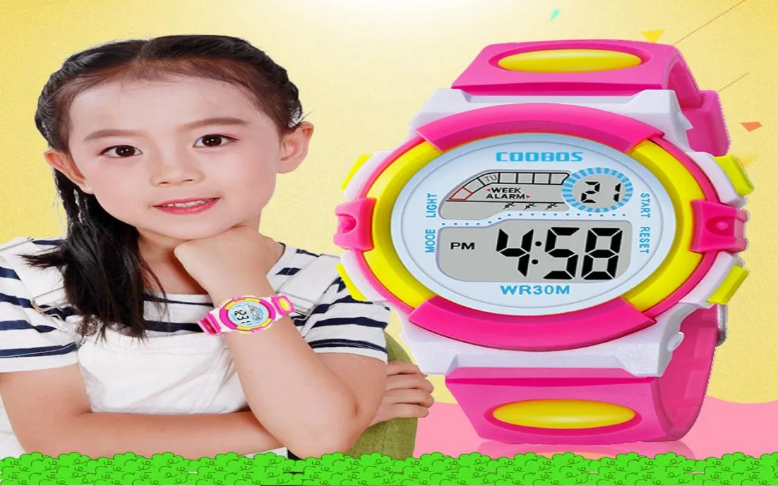 Мода красочные девочки мальчики детские спортивные светодиоды цифровые часы многофункциональные детские подарки на день рождения.