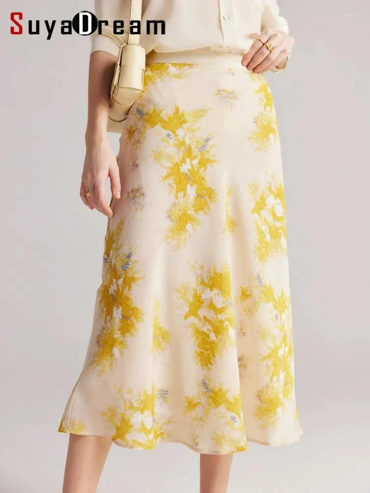 Jupes Suyadream Jupe florale pour femme vraie soie A-line imprimé latéral zip long 2024 Bottons d'été printemps jaunes