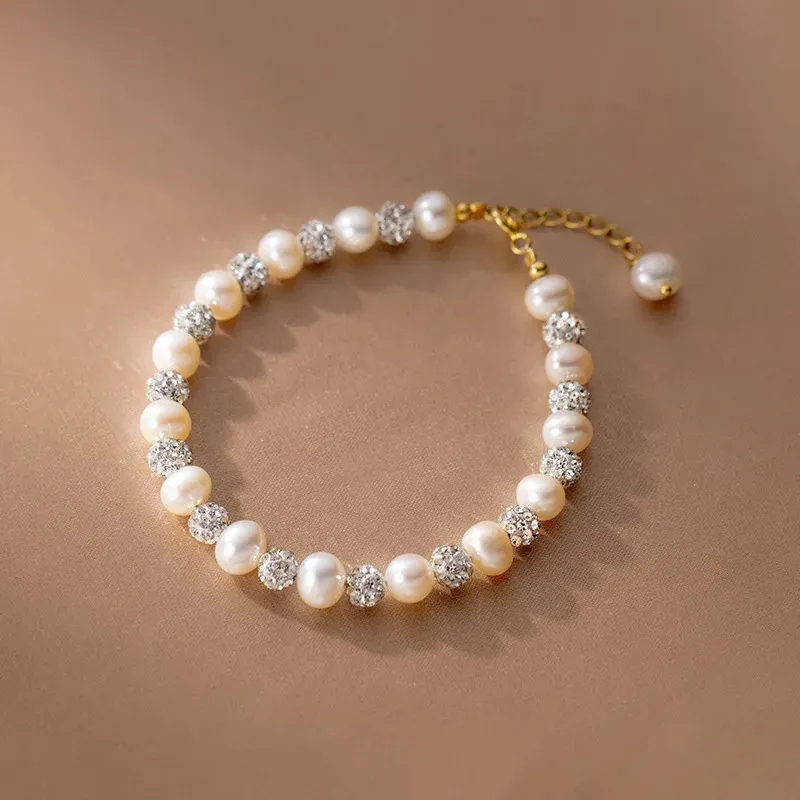 Натуральный пресноводный жемчуг 56 -мм плоская круглая форма жемчужный браслет циркона сфера 925 Серебряная серебряная мода подарок для женщин 240423